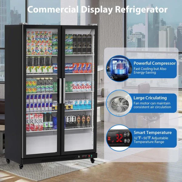 Commercial Refrigerator, Glass Door with LED Lighting – Upright Beverage Display Cooler for Home, Store, Gym, or Office, Featuring Double Swing Doors and 39 cu.ft - Levo Sportswear