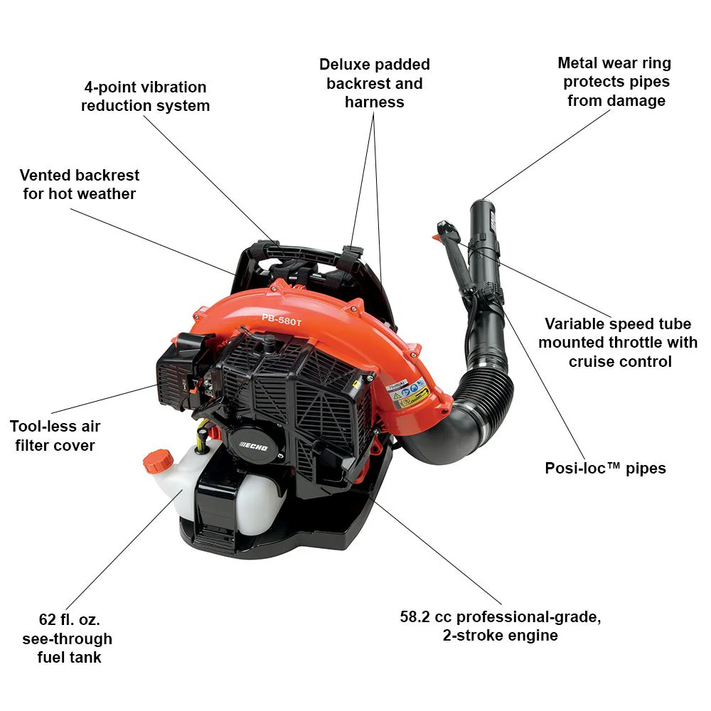 ECHO PB-580T 58.2cc Gas Backpack Leaf Blower, 216 MPH, 517 CFM, 2-Stroke Engine, Tube Throttle - Levo Sportswear