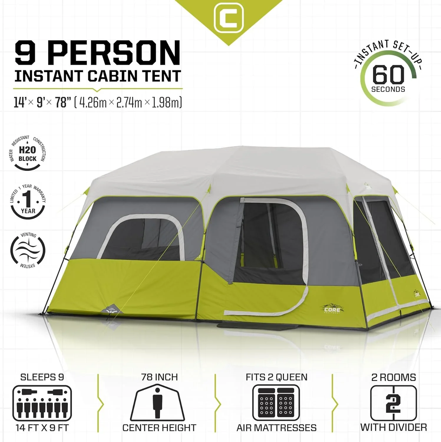 Core 9 Person Instant Cabin Tent - 14' x 9', Green (40008) - Levo Sportswear