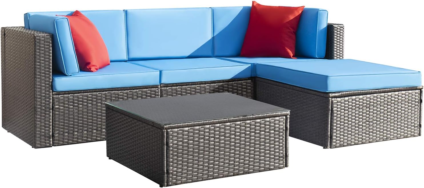 Devoko 5 Pieces Patio Furniture Sets All Weather Outdoor Sectional Patio Sofa Manual Weaving Wicker Rattan Patio Seating Sofas with Cushion and Glass Table(Beige) - Levo Sportswear