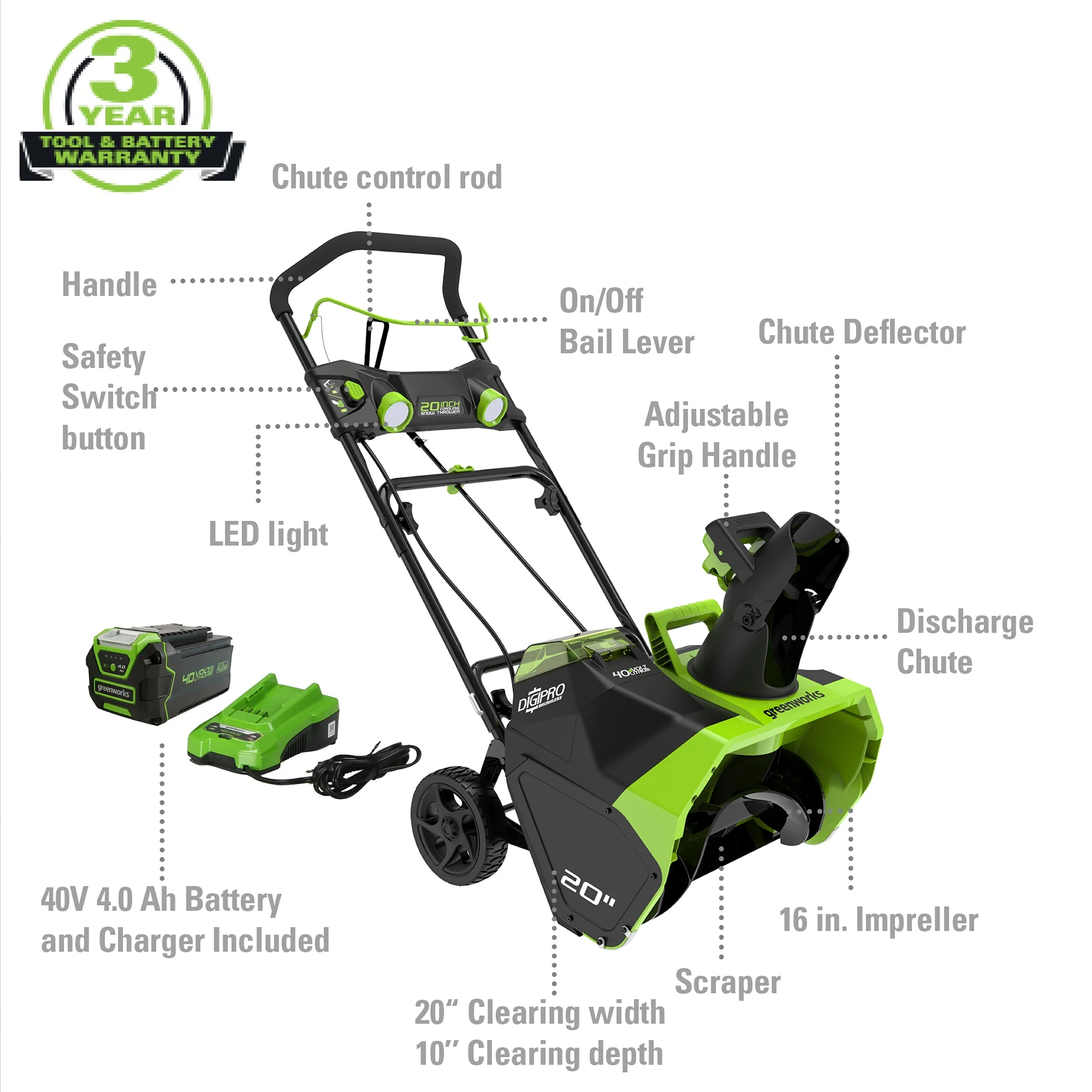 Greenworks 40V 20锟芥�锟斤拷 Cordless Brushless Snow Blower with 4.0 Ah Battery & Charger, LED Lights, 180�� Chute - Levo Sportswear