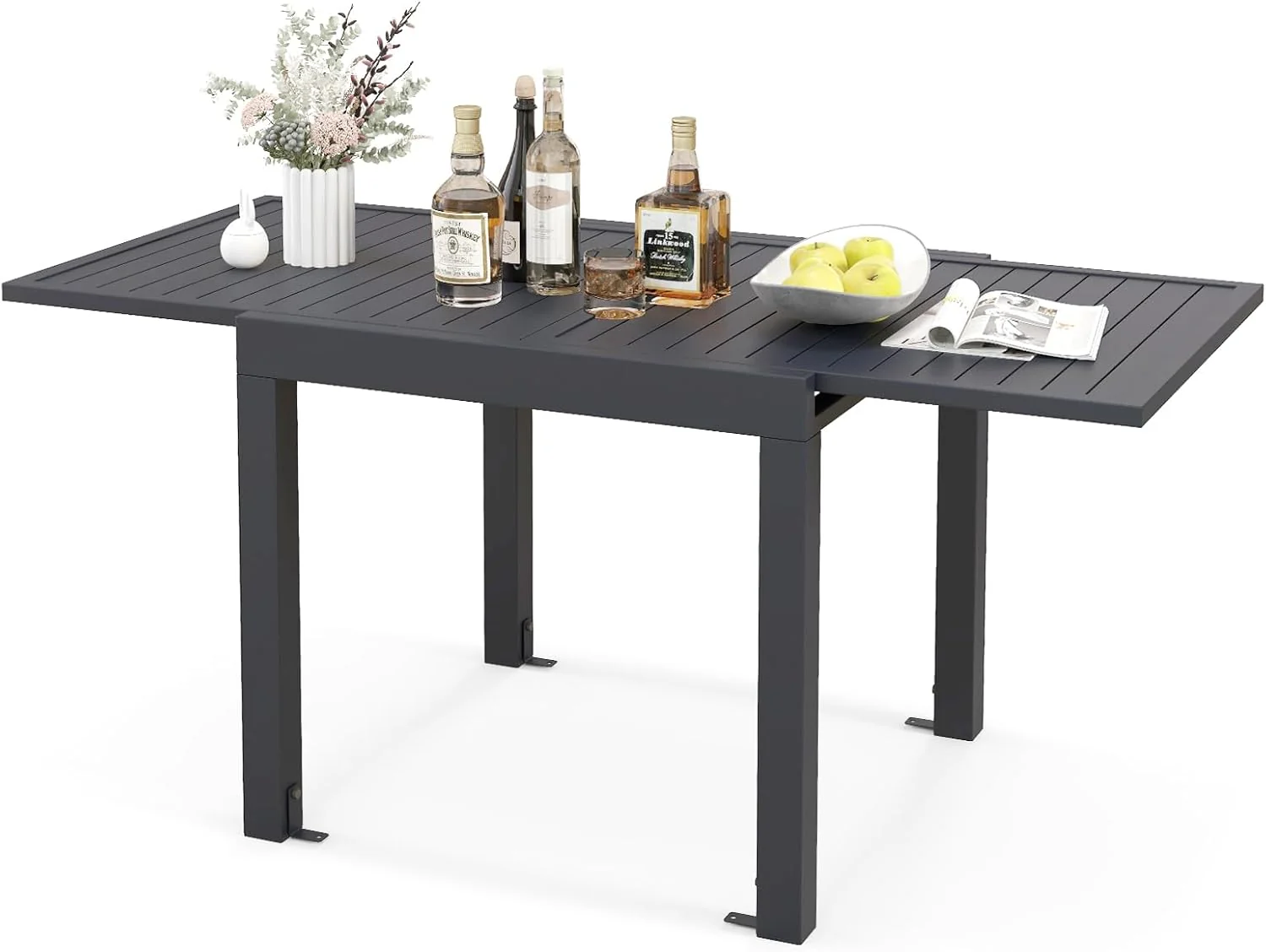 Extensible outdoor dining table, patio table, all-weather aluminum frame, large rectangular lawn backyard garden terrace dining table, suitable for 4 to 6 people, dark gray (dark gray, slatted tabletop) - Levo Sportswear