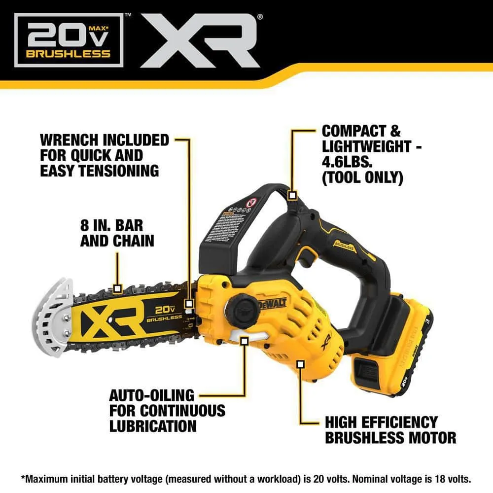 DW 8 in. 20-Volt Lithium-Ion Pruning Electric Battery Chainsaw Kit with 3Ah Battery and Charger DCCS623L1 - Levo Sportswear