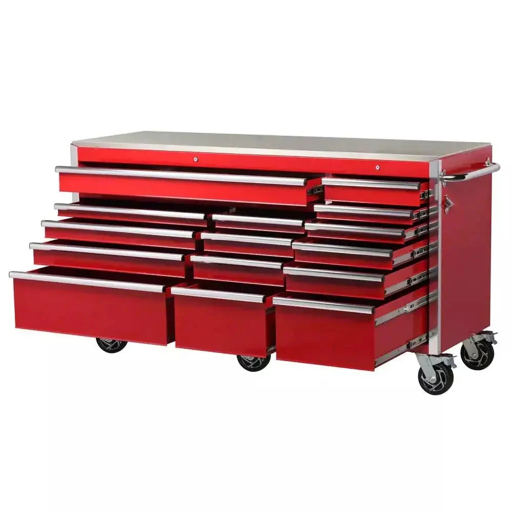 Heavy-Duty 72 in. W x 24 in. D 15-Drawer Tool Chest Mobile Workbench with Stainless Steel Top and Dual Locks in Red - Levo Sportswear