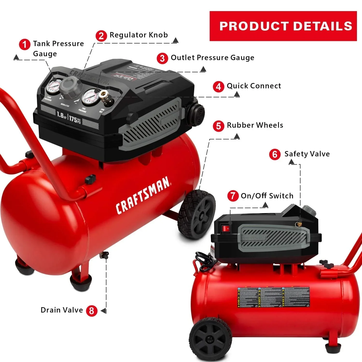 CRAFTSMAN HARD Air Compressor, 10 Gallon 1.8 HP 175 PSI, 4.0CFM@90PSI, Oil Free and Maintenance Free, Portable with Large Wheels, CMXECXA0201041 - Levo Sportswear