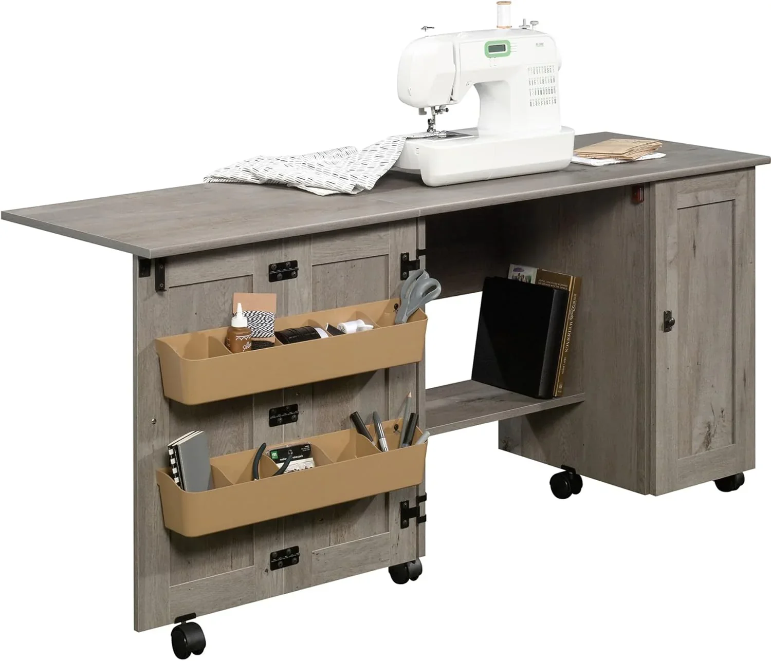 Craft Cart Storage Cabinet, Rolling Sewing Table with Expandable Top, Mystic Oak - Levo Sportswear