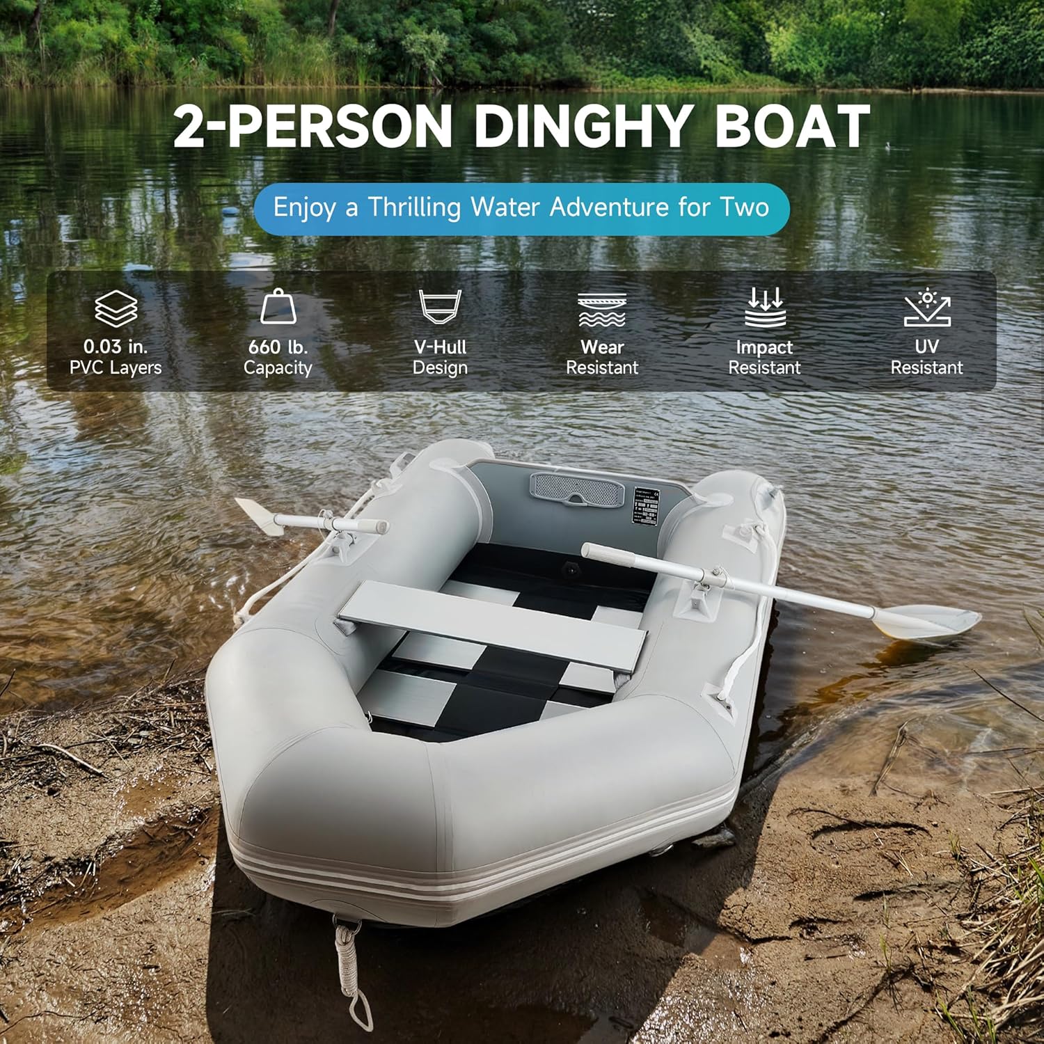 CREWORKS 7.5ft Inflatable Dinghy Boat, 2 Person 660lb Transom Sport Tender Boat with Pump Aluminum Oars Floor, Heavy Duty Inflatable Raft Kayak for Adults - Levo Sportswear