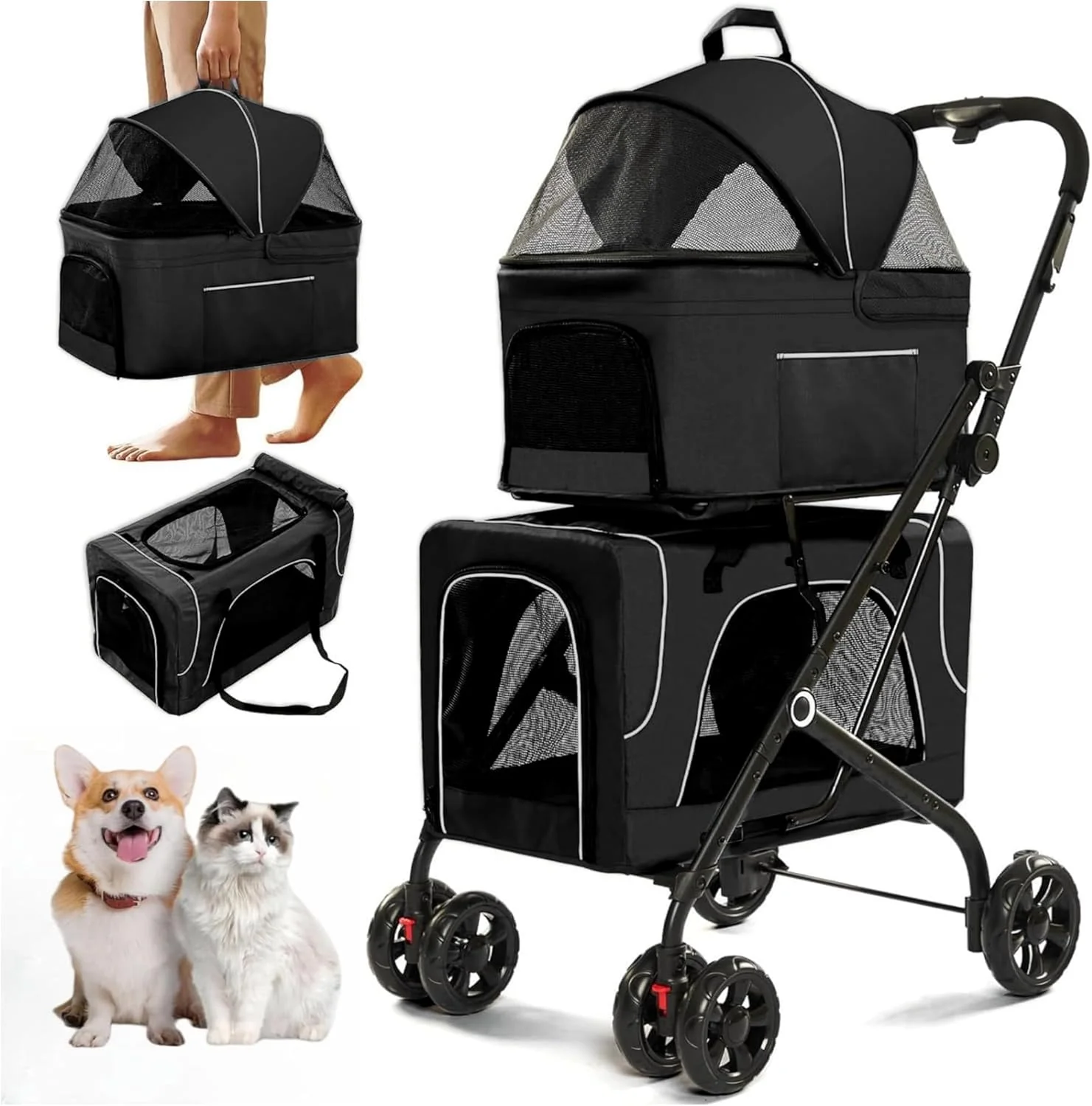 Double Dog Stroller for 2 Dogs, Detachable Carriers, Safety Belt, Lockable Wheels, Pet Travel Carrier Strolling Cart, Folding Cat Stroller for Small Medium Pets Dogs (Blue) - Levo Sportswear