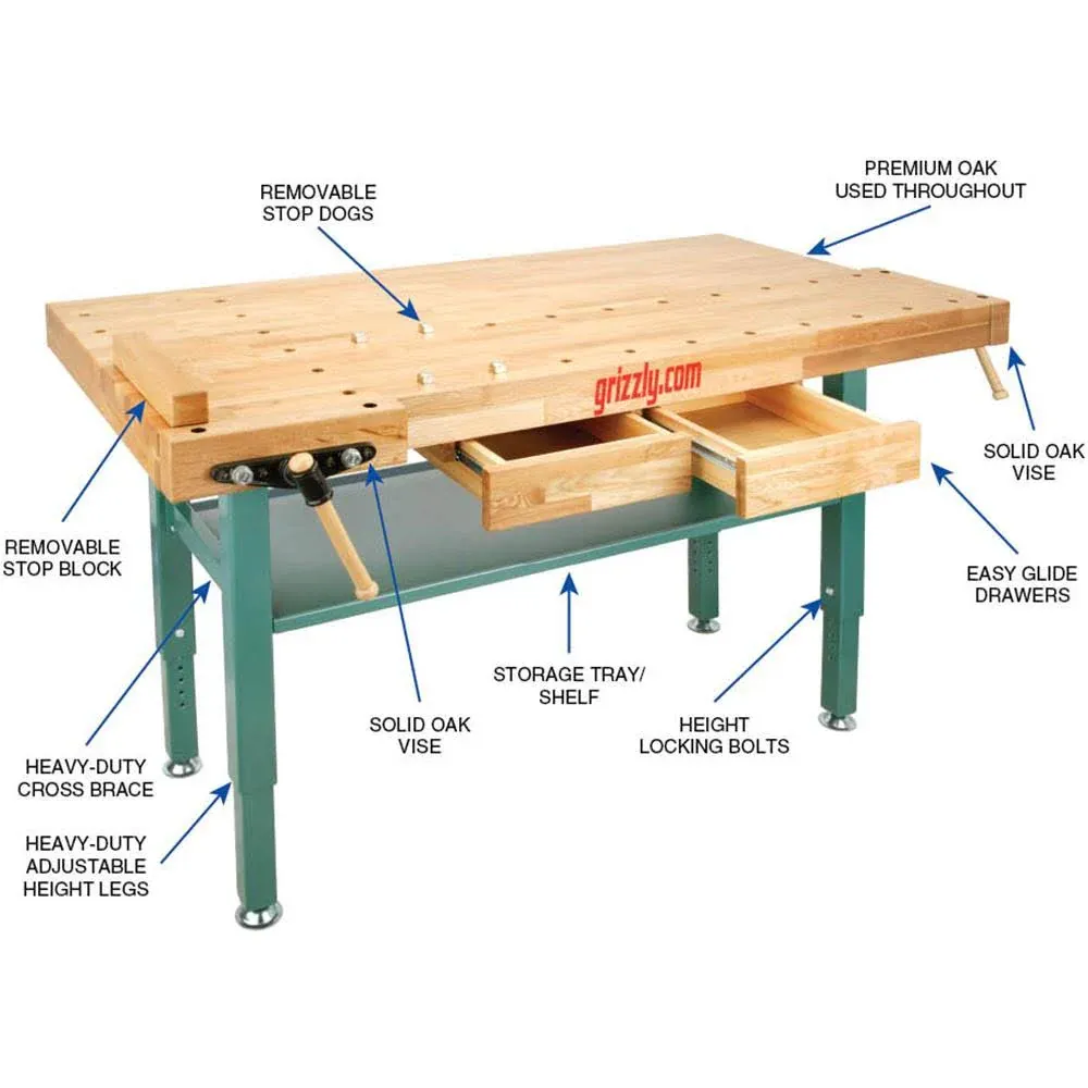 Grizzly Industrial T10157 - Heavy-Duty Oak Workbench with Steel Legs - Levo Sportswear