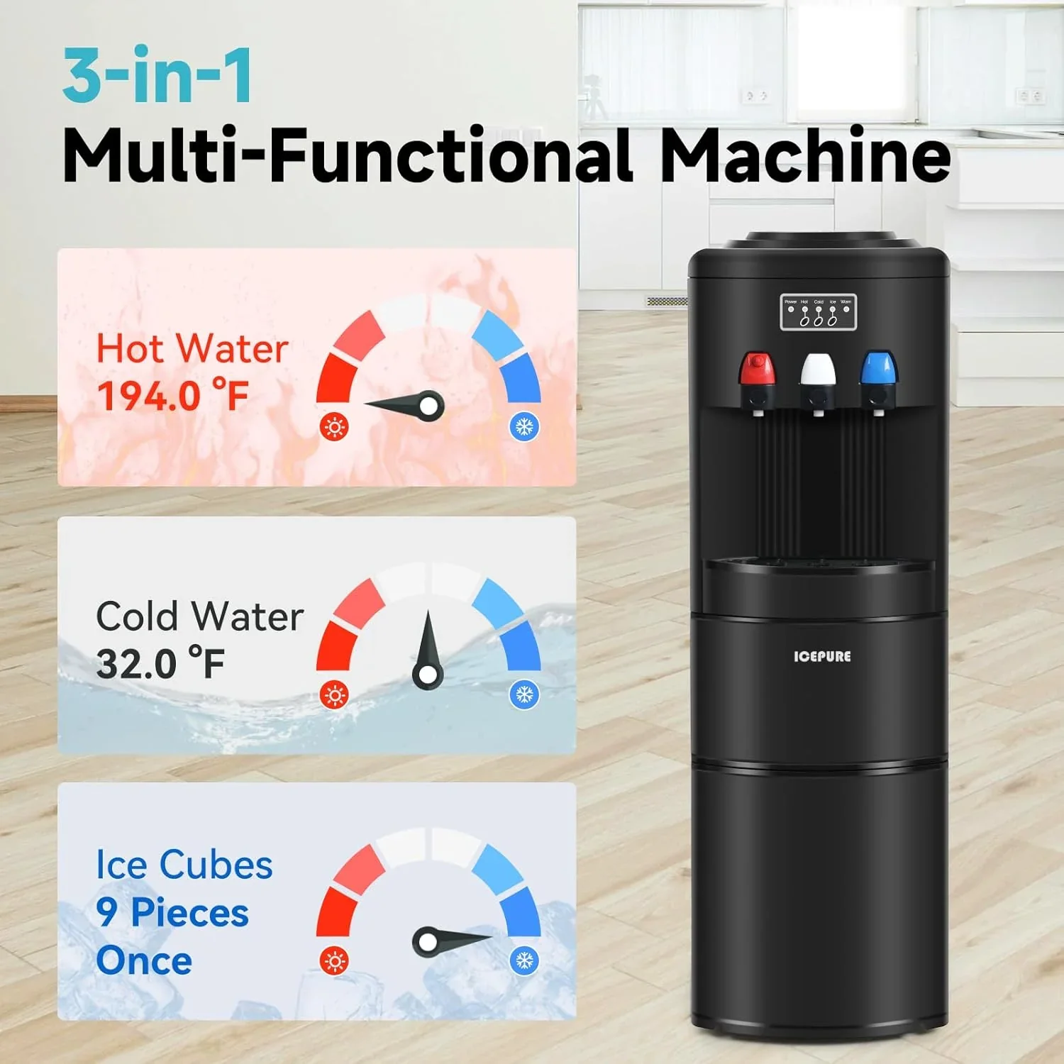 ICEPURE Water Dispenser with Ice Maker, 3-in-1 Hot and Cold Water Cooler with Built-in Bullet Ice Maker Machine, 26.5lbs/24H, Top Loading for 3-5 Gallon Bottle, Child Safety Lock, Black - Levo Sportswear