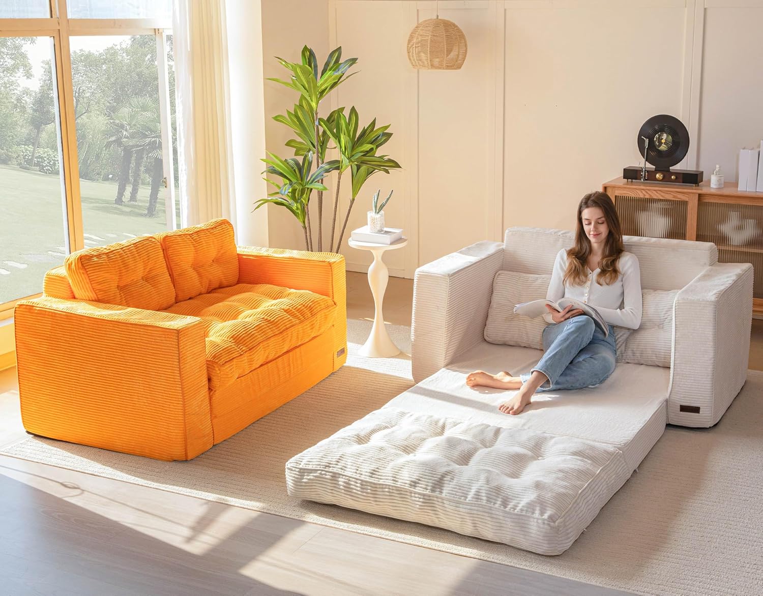 Convertible sofa bed, pull-out double rest sofa, two-in-one folding sofa bed for living room and bedroom, adult padded lounge chair, beige model - Levo Sportswear