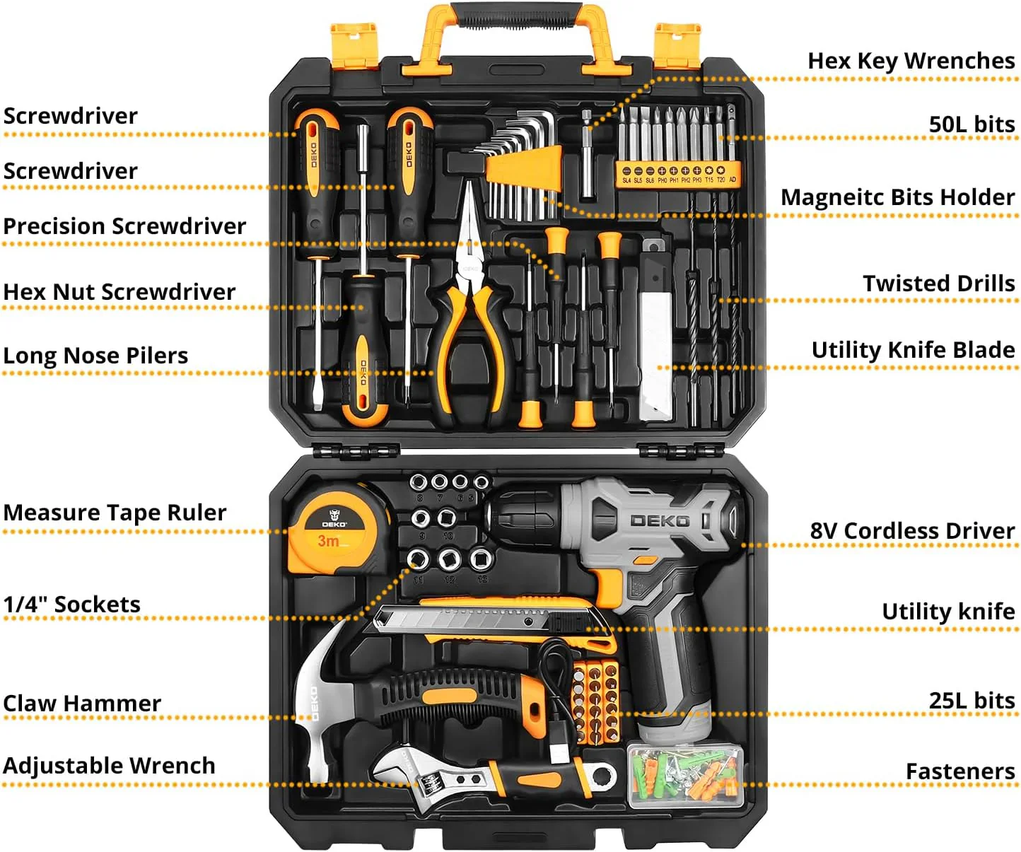 DEKOPRO Tool Set：Tool Kit with 8V Cordless Drill,Tool Box with Drill,Hand Drill Set for Men & Women,Home Tool Kits for House Repair,Handyman,DIY 126 Piece - Levo Sportswear