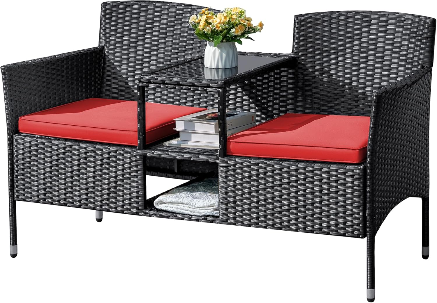 Flamaker Outdoor Furniture Patio Loveseat Wicker 2-Seat with Built-in Table and Cushions Rattan Porch Chairs Bench for Balcony, Lawn, Backyard (Beige) - Levo Sportswear