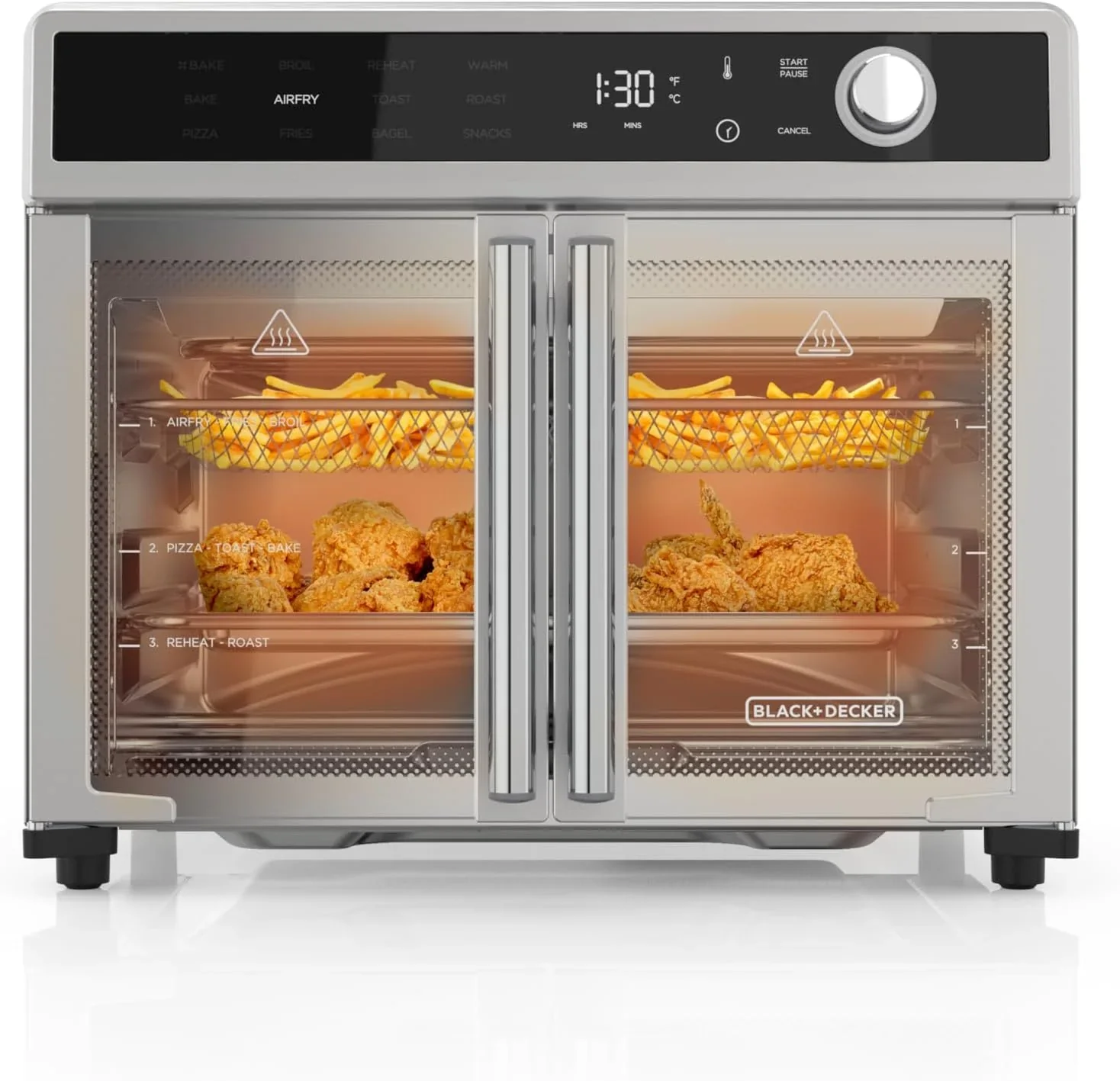 Crisp 'N Bake Air Fryer Toaster Oven Combo, 12 in 1 Countertop Convection Oven Cooks Food Fast, Fits a Whole Pizza or 6 Toast Slices, French Doors with Stainless Steel Finish - Levo Sportswear