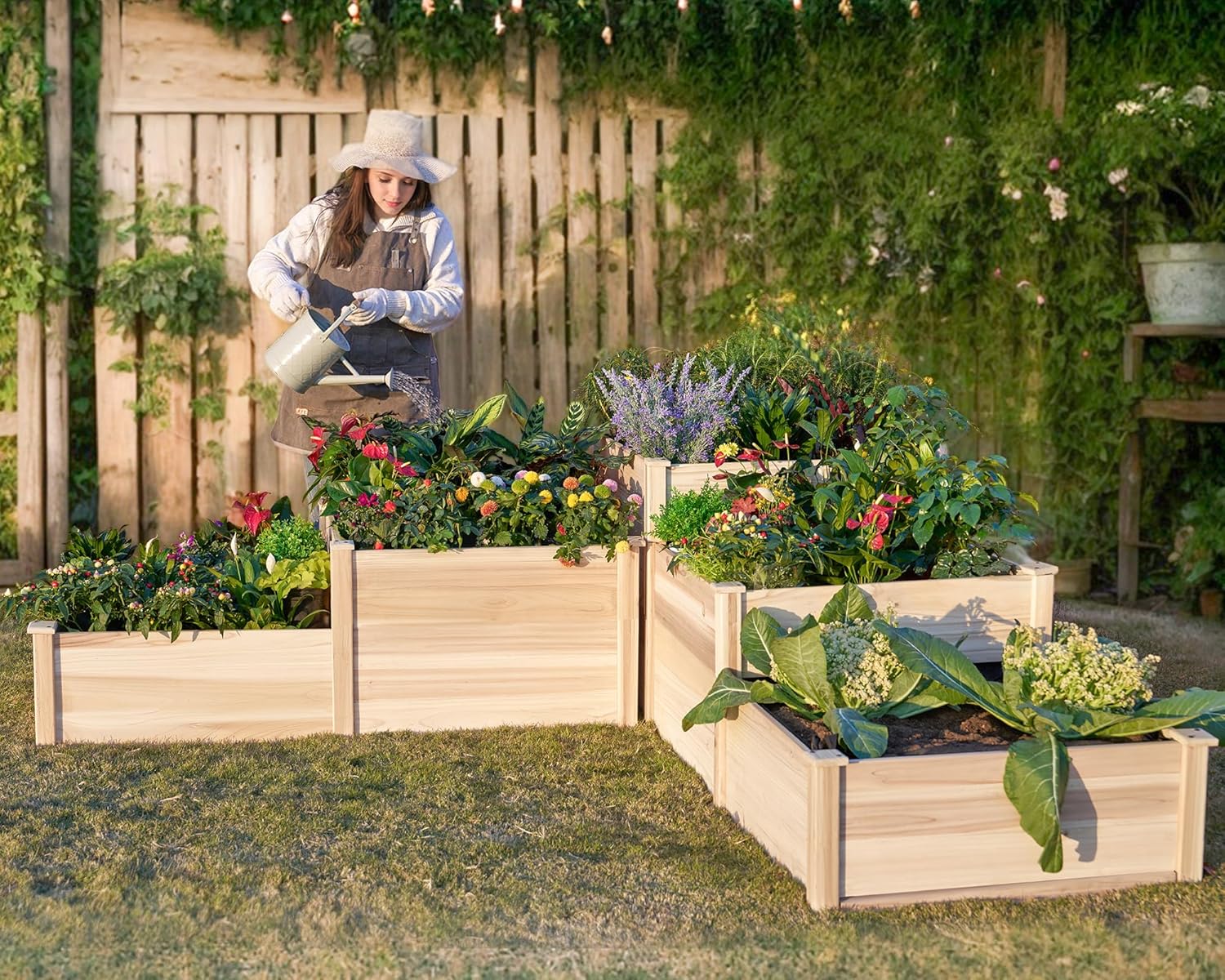 Garden Bed Outdoor Gardening, 28 Inch Depth 3-Tier Wood Planter Box with Cedar Leg, Baseboard, Leakage Hole,Easy Assembled, Ideal for Vegetables, Herbs, Flowers - Levo Sportswear