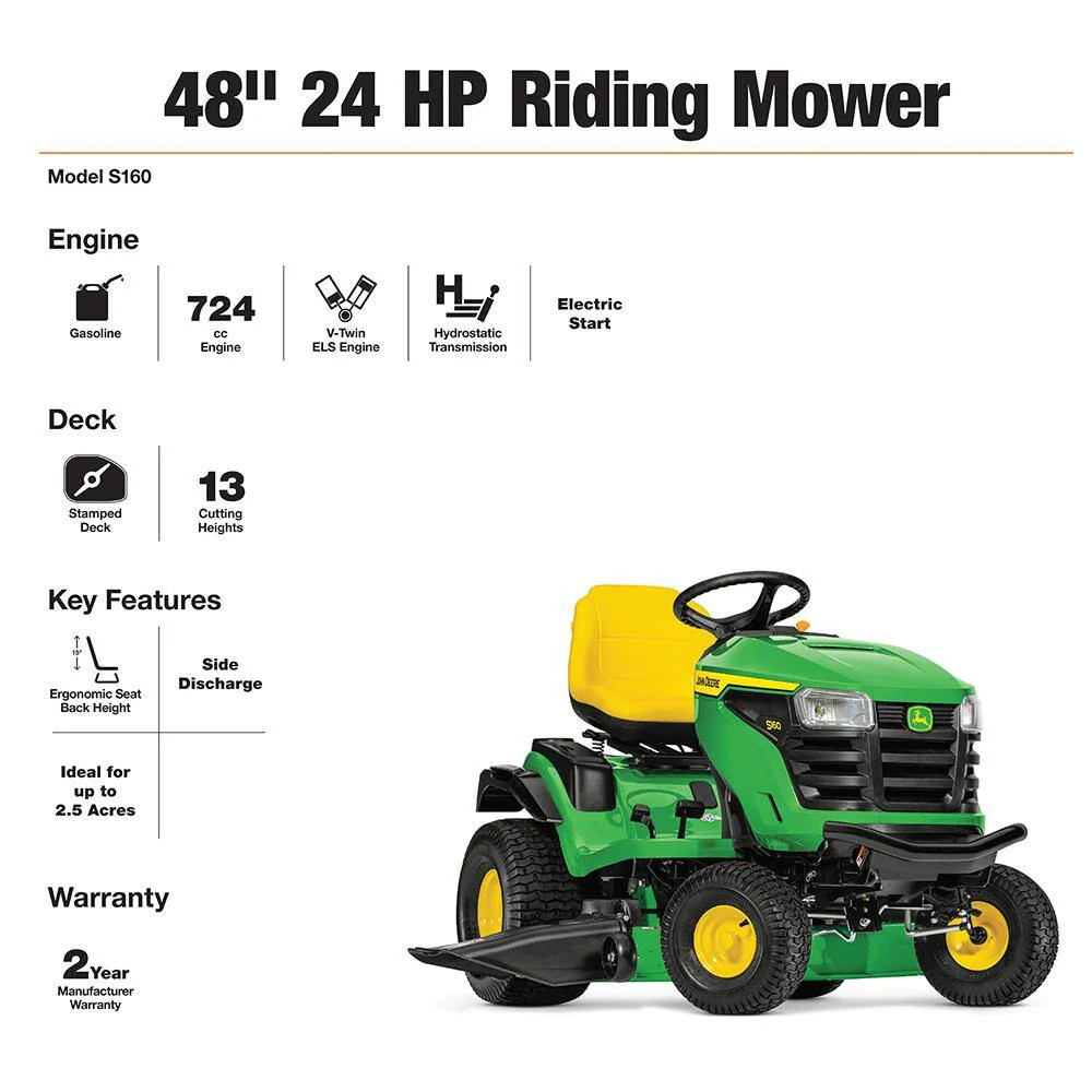 John Deere S160 48 in. 24 HP V-Twin ELS Gas Hydrostatic Riding Lawn Tractor BG21211 - Levo Sportswear