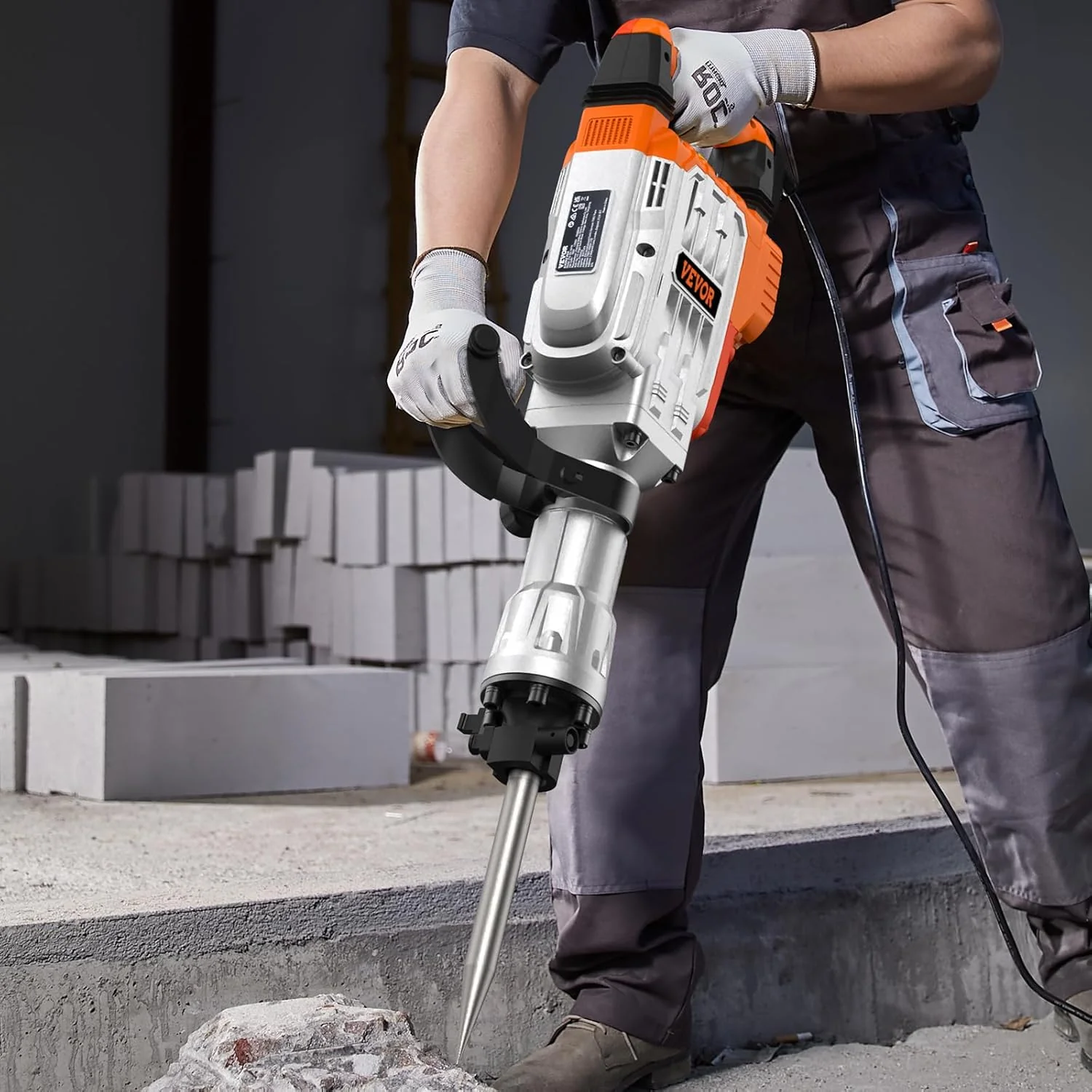 Electric demolition hammer, hydraulic crushing hammer, concrete crusher, heavy-duty electric hydraulic crushing hammer, equipped with chisel gloves and a 360-degree rotatable front handle, suitable for digging trenches and drilling holes (power 3500 - Levo Sportswear