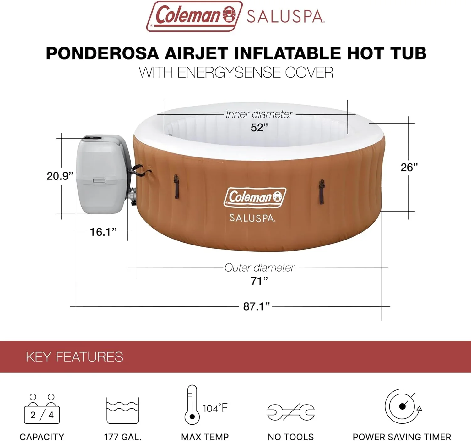 Coleman SaluSpa Miami AirJet 2 to 4 Person Round Inflatable Hot Tub Portable Outdoor Spa with 120 Soothing AirJets and Insulated Cover, Black - Levo Sportswear