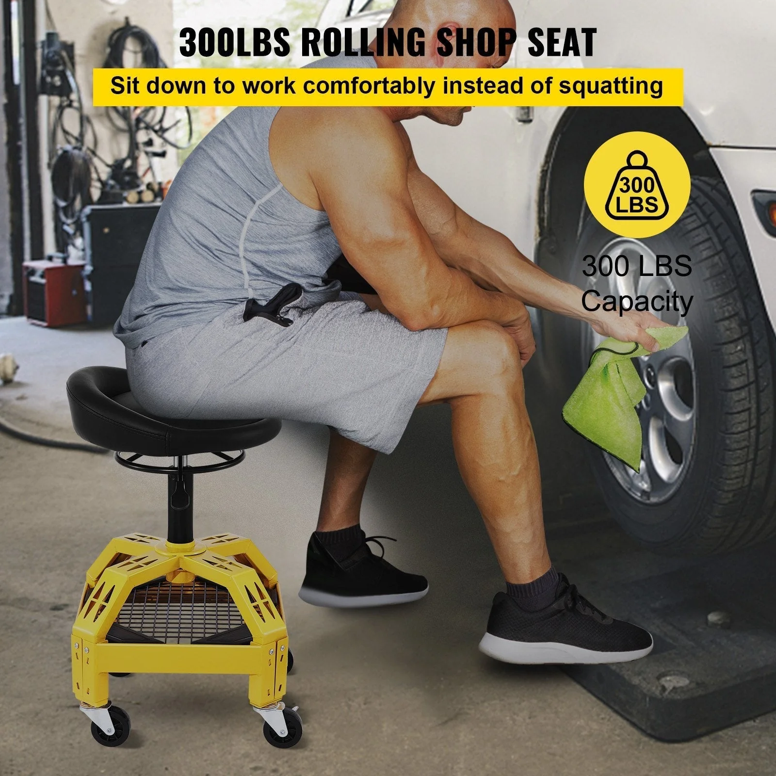 Heavy-Duty Rolling Garage Stool Adjustable Mechanic Stool W/ Casters - Levo Sportswear